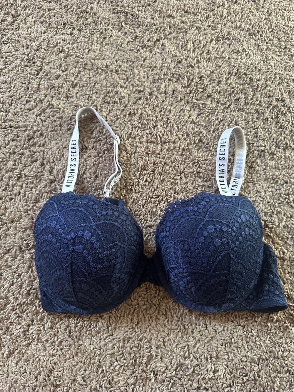Victoria's Secret Navy Lace Push-Up Bra with White Branded Straps